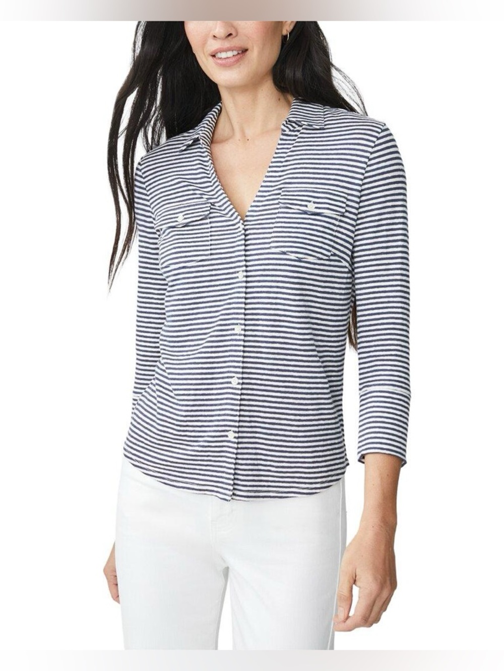 J. McLaughlin Blue & White Striped Linen-Blend Brynn Knit Top Size XL